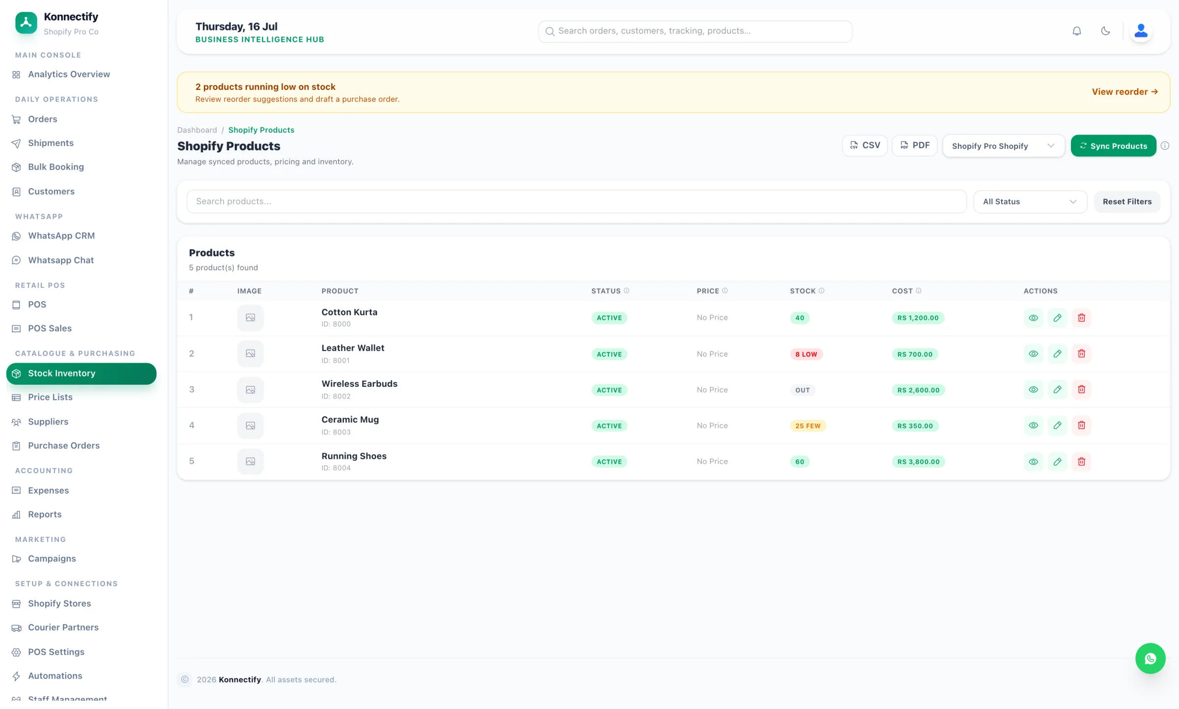The Konnectify Products & Inventory screen