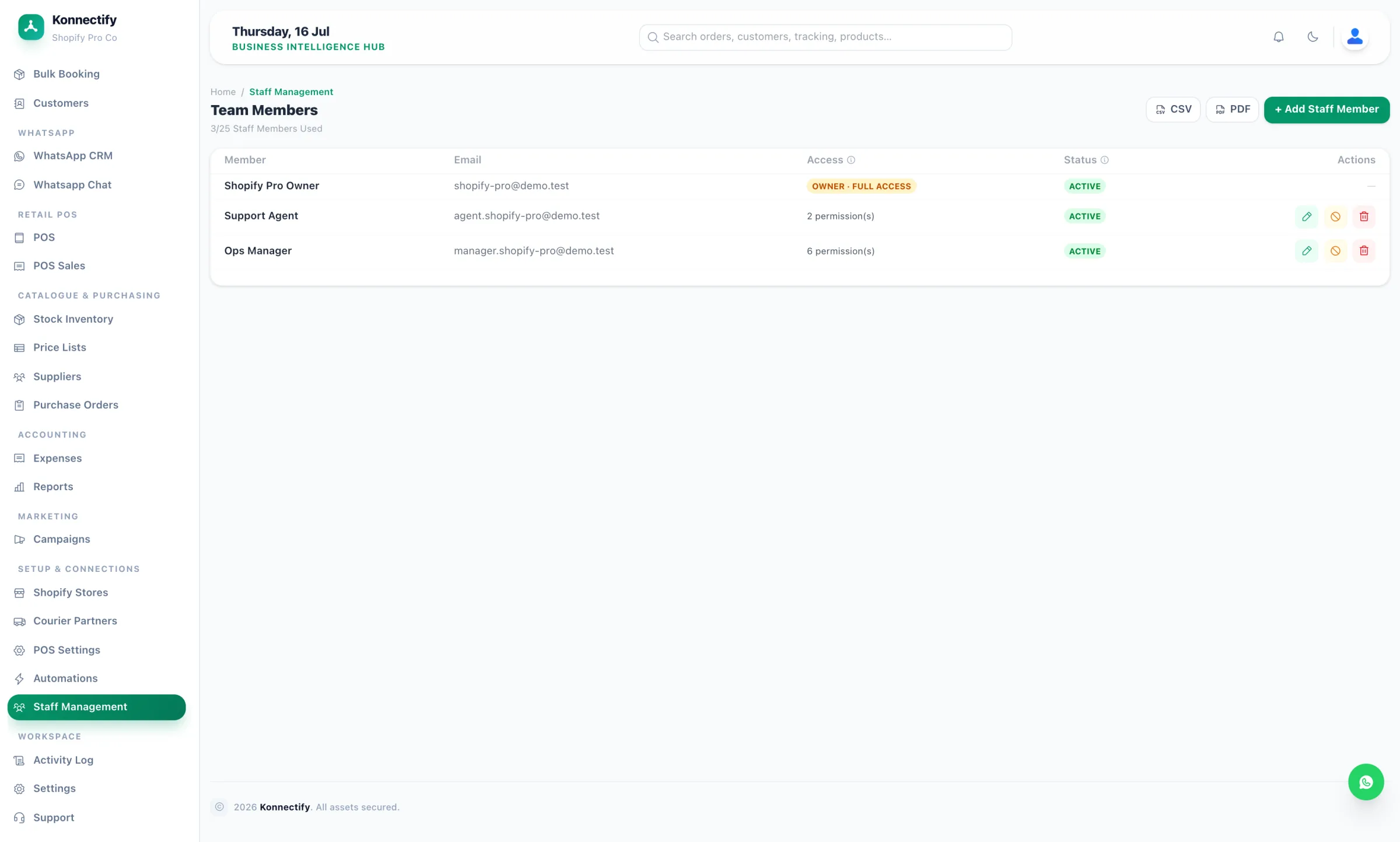 The Konnectify Staff & Permissions screen